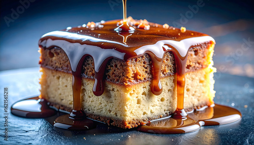 A decadent slice of cake is drenched in rich caramel sauce, creating a mouthwatering dessert.