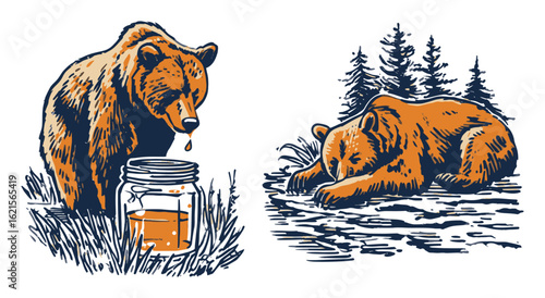 Brown Bear with Honey Jar and Resting Bear in Forest Background