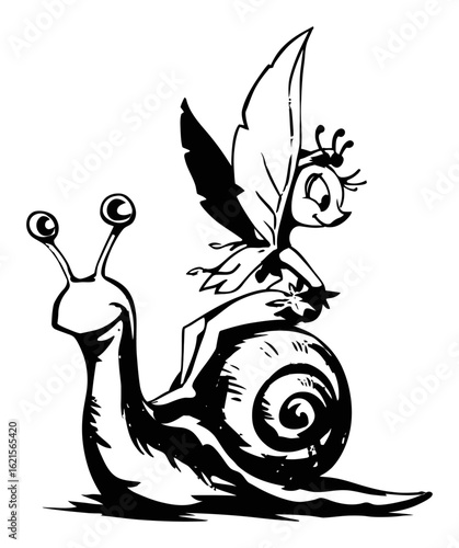 Hand Drawn Fairy Riding a Snail in Black and White Illustration