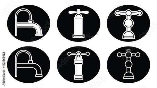 Collection of plumbing fixtures and water taps icons in black silhouette