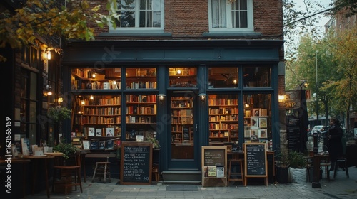Cozy bookstore front with autumn leaves and street scene