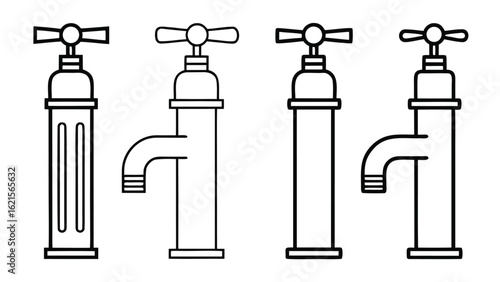 Collection of plumbing fixtures and water taps icons in black silhouette