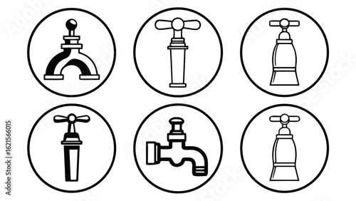 Collection of plumbing fixtures and water taps icons in black silhouette