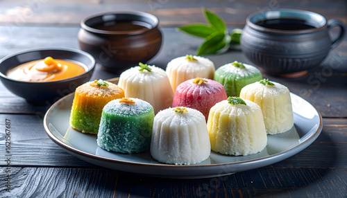 A plate of colorful Korean rice cakes, with tea and sauce, presented on a dark wooden table.