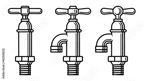 Collection of plumbing fixtures and water taps icons in black silhouette