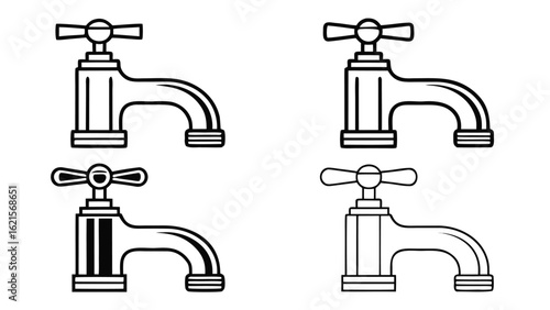 Collection of plumbing fixtures and water taps icons in black silhouette