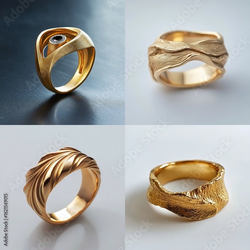 Four unique gold rings showcased; one features a dark gemstone, others boast organic, textured, and sculpted designs with varying widths and heights