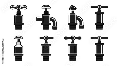 Collection of plumbing fixtures and water taps icons in black silhouette