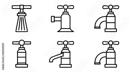 Collection of plumbing fixtures and water taps icons in black silhouette
