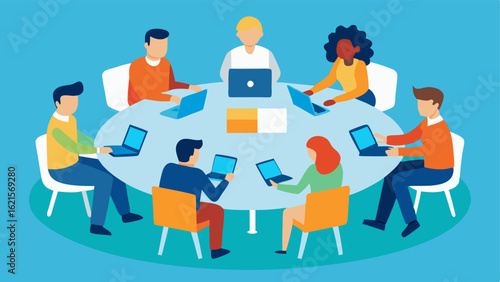 Collaborative Workspaces A group of diverse individuals collaborating at a round table with movable chairs and tablet devices for various communication needs.