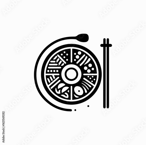 Minimalist Black Vector Logo of Bibimbap Bowl with Chopsticks Isolated on White Background
