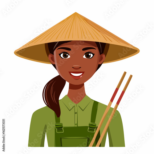 Vector character of a smiling woman in a traditional Asian bamboo hat and farm overalls, holding chopsticks.