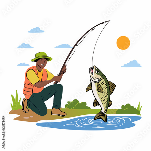 Hand-drawn fishing scene vector illustrations. Jumping trout and an angler casting a rod.