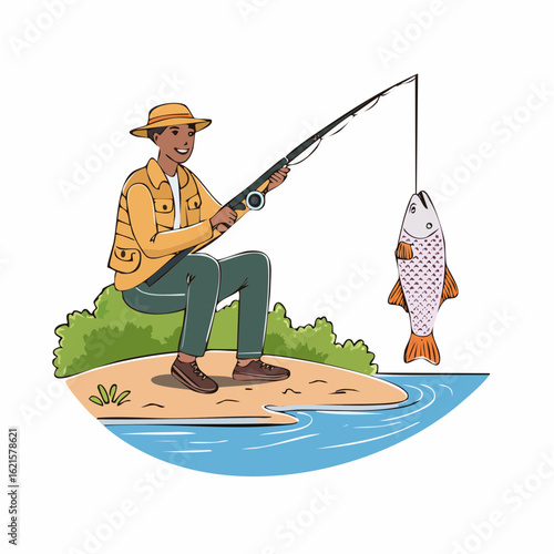 Hand-drawn fishing scene vector illustrations. Jumping trout and an angler casting a rod.