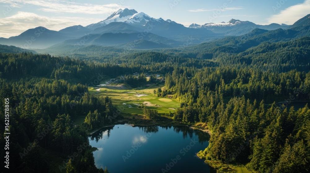 Obraz premium Aerial view of serene lake nestled in a valley with golf course and mountains in background