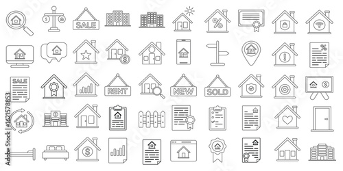 Real Estate - thin line icon set. Vector illustration. Pixel perfect. The set contains icons: House, Real Estate Insurance, Real Estate Agent, House Key, Domestic Life, Real Estate Construction.