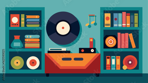 A wallmounted record player surrounded by shelves of vinyl records from the 60s and 70s creating a music lovers dream corner.