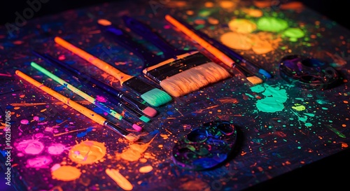 Fototapeta Naklejka Na Ścianę i Meble -  A vibrant display of paintbrushes and splattered neon paint in various colors on a dark surface, creating an artistic and energetic composition.