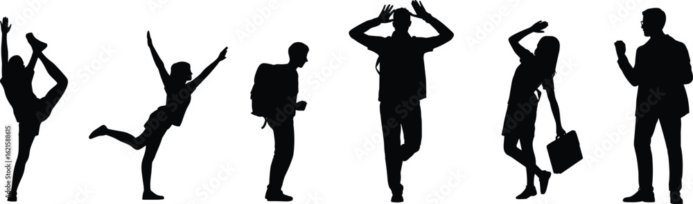Expressive people silhouette set—six dynamic poses showing emotions, movement, and personality for lifestyle design, animation reference, or editorial branding Expressive people silhouette set—six dynamic poses showing emotions, movement, and personality for lifestyle design, animation reference, or editorial branding