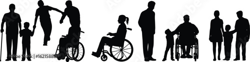 Inclusive silhouette set—wheelchair users, children, and caregivers in everyday scenes for accessibility awareness, editorial design, and social campaigns