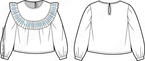 Women’s blouse vector—long sleeve front and back view with ruffled neckline, patterned detailing, and keyhole opening for fashion templates