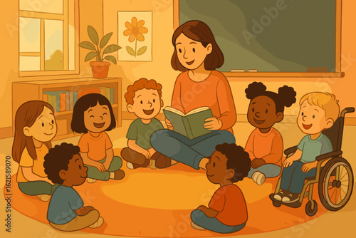 Storytime with Diverse Students in Circle and Teacher Reading