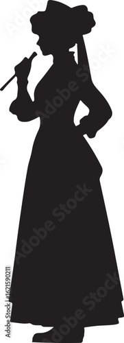 The image is a black silhouette of a woman in a long dress and bonnet holding a long, thin object, possibly a pipe or a wand, to her mouth, suggesting a performance or a ritual.