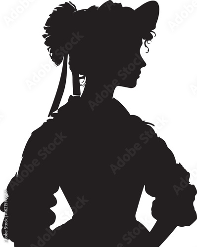 This image is a black silhouette of a woman from the side, facing right, with her hair up in an elaborate style and wearing a bonnet or hat.
