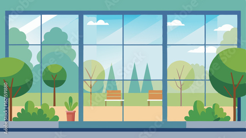 A wall of windows looking out to a peaceful garden providing a calming view for patients.