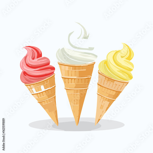 A vector set of five different ice cream treats. Popsicle, cone with scoops, layered pop, twist pop, soft serve. Ice cream illustrations.