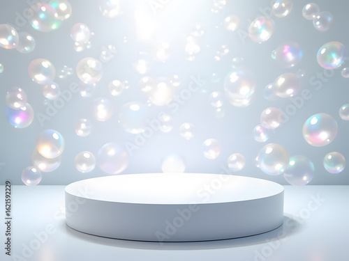 A clean, white podium stands against a backdrop of iridescent bubbles, creating a bright and airy scene perfect for product displays.
