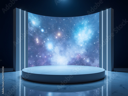 A futuristic stage with a cosmic backdrop, perfect for showcasing products in a modern, eye-catching way.