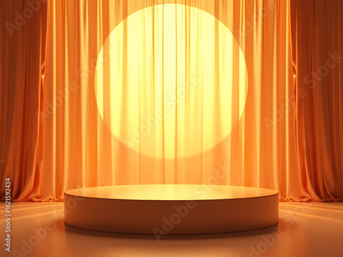 A warmly lit stage with a circular platform, framed by golden curtains and bathed in a bright spotlight.