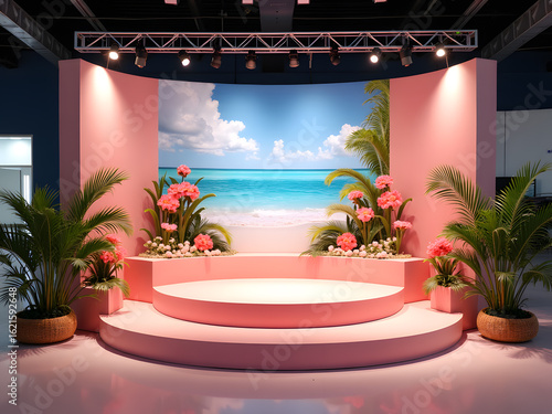 A pink stage with tropical plants and flowers set against a backdrop of a serene ocean scene.