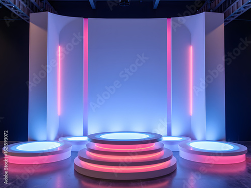 A futuristic stage with neon lighting, featuring a multi-tiered platform and surrounding illuminated podiums.