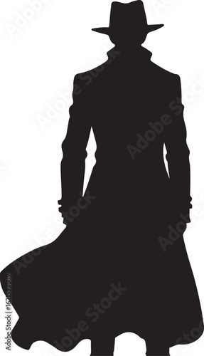 The image is a black silhouette of a person wearing a long coat and a fedora hat, standing with their back to the viewer, suggesting a mysterious or enigmatic figure.