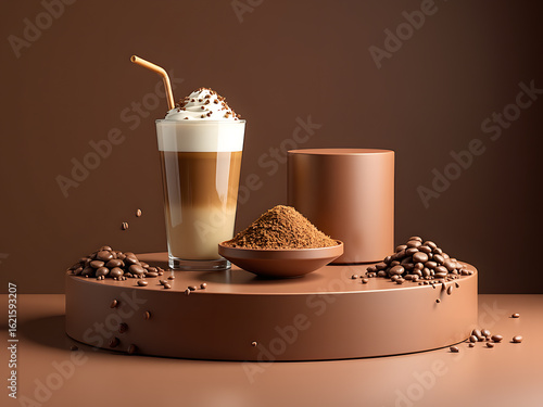 A visually appealing composition featuring a coffee drink, powder, and beans in various shades of brown, creating a warm and inviting atmosphere.