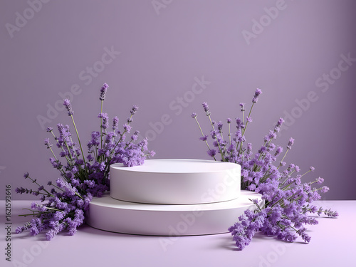 A serene scene with a white podium surrounded by lavender blooms against a soft purple backdrop.