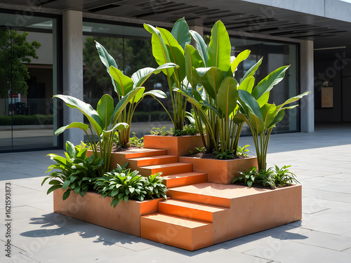 A modern orange planter staircase with lush greenery adds a touch of nature to an urban setting.
