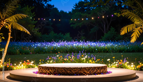 A magical garden scene with a circular stage, illuminated flowers, and string lights creating a whimsical and enchanting atmosphere.