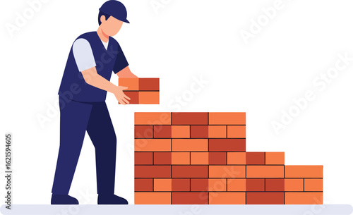 Construction worker building a brick wall with orange bricks.
