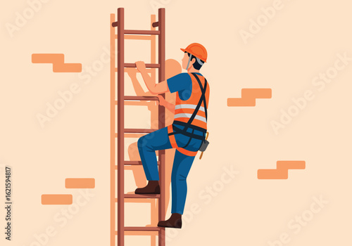Construction worker climbing a wooden ladder on a wall.