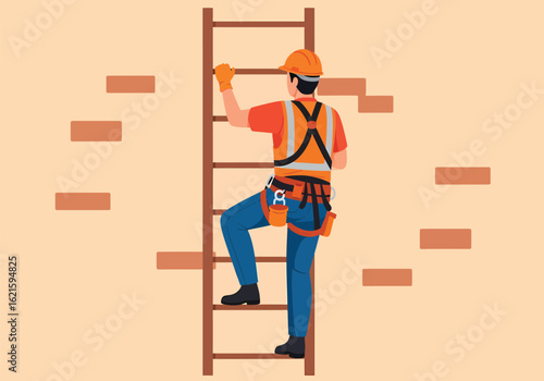 Construction worker climbing a ladder on a brick wall.