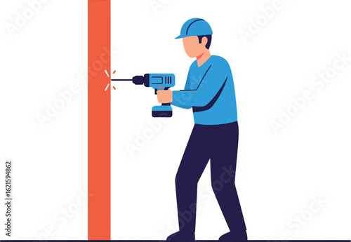 Construction worker drilling a hole in a wall with a power drill.
