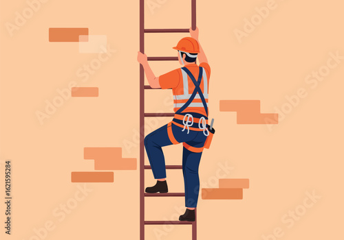 Construction worker in safety gear climbing a ladder against a brick wall.