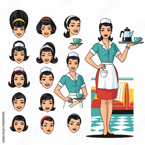 Retro diner waitress character set, scalable vintage hospitality staff, customizable persona expressions