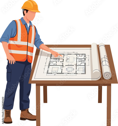 Construction worker reviewing architectural blueprints on a table.