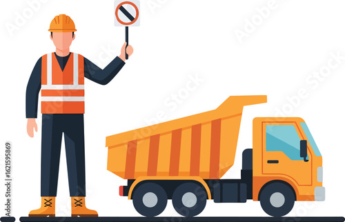 Construction worker with stop sign and dump truck.