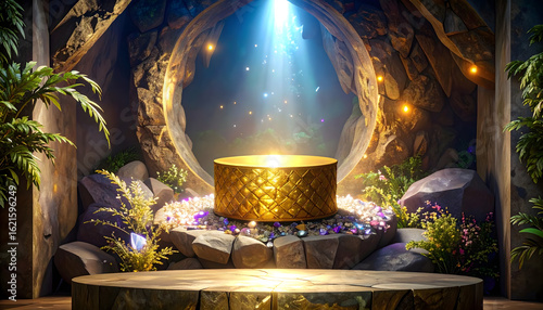 A golden altar bathed in light, set within a mystical cave. Lush greenery and sparkling crystals surround it.