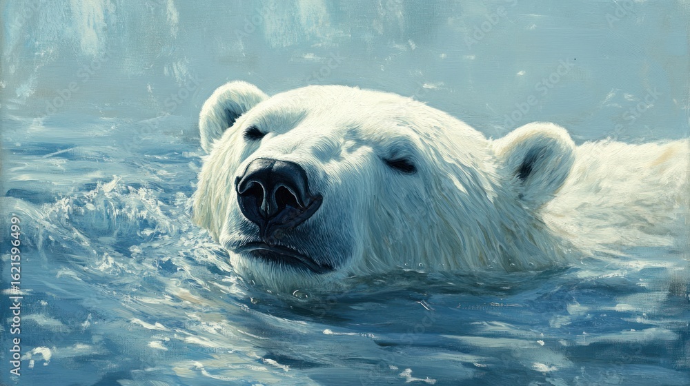 Fototapeta premium Arctic Polar Bear Floating on Water; Misty Mountain Background